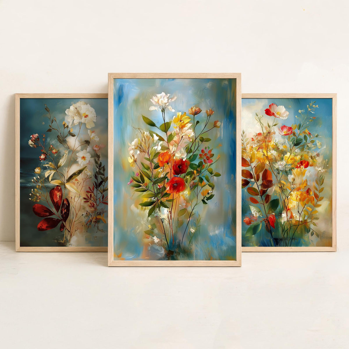 Floral Bouquet Set of Three Art Prints - 3 Wildflower Posters - Dreamy Painterly Botanical Wall Art Gift Painting Blue