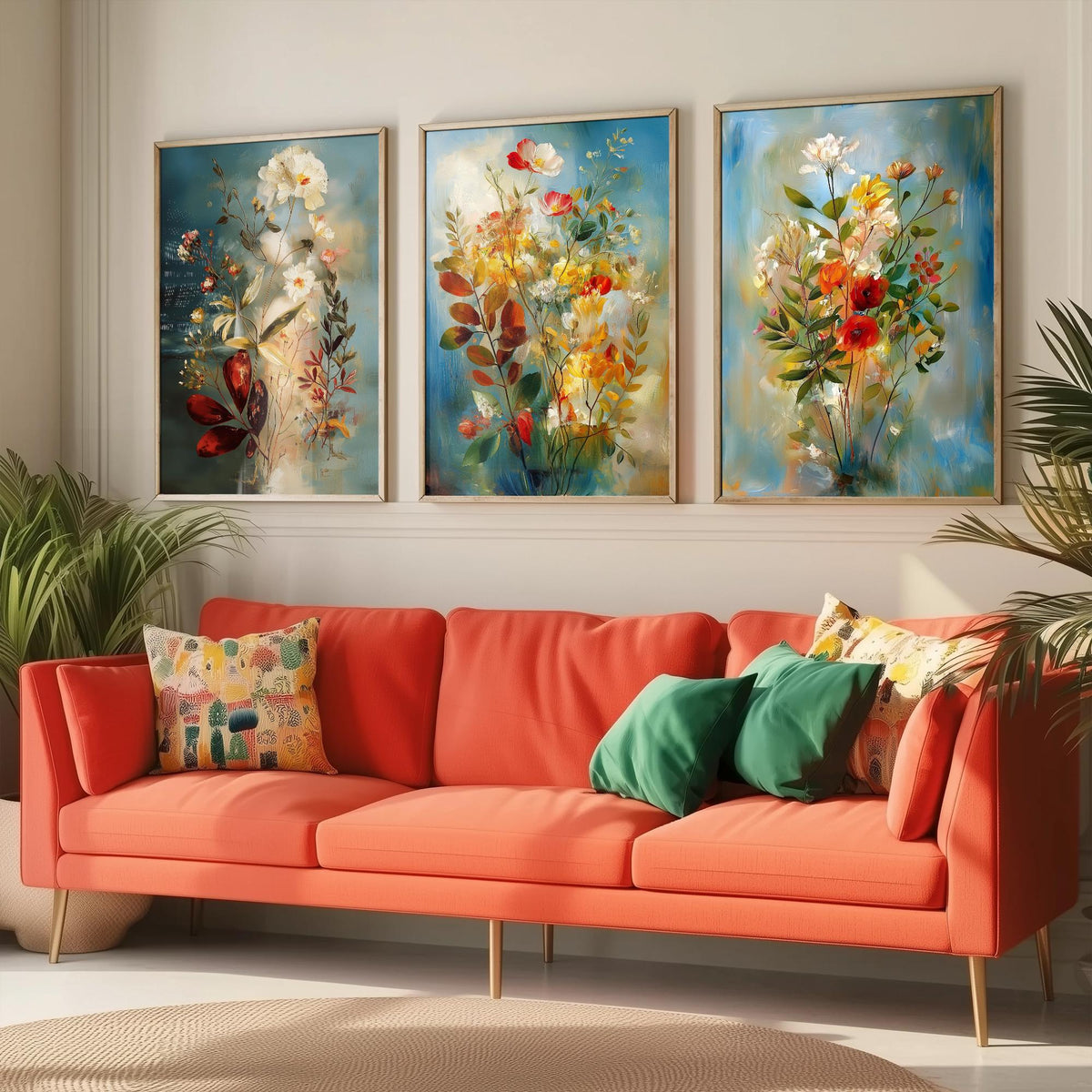Floral Bouquet Set of Three Art Prints - 3 Wildflower Posters - Dreamy Painterly Botanical Wall Art Gift Painting Blue
