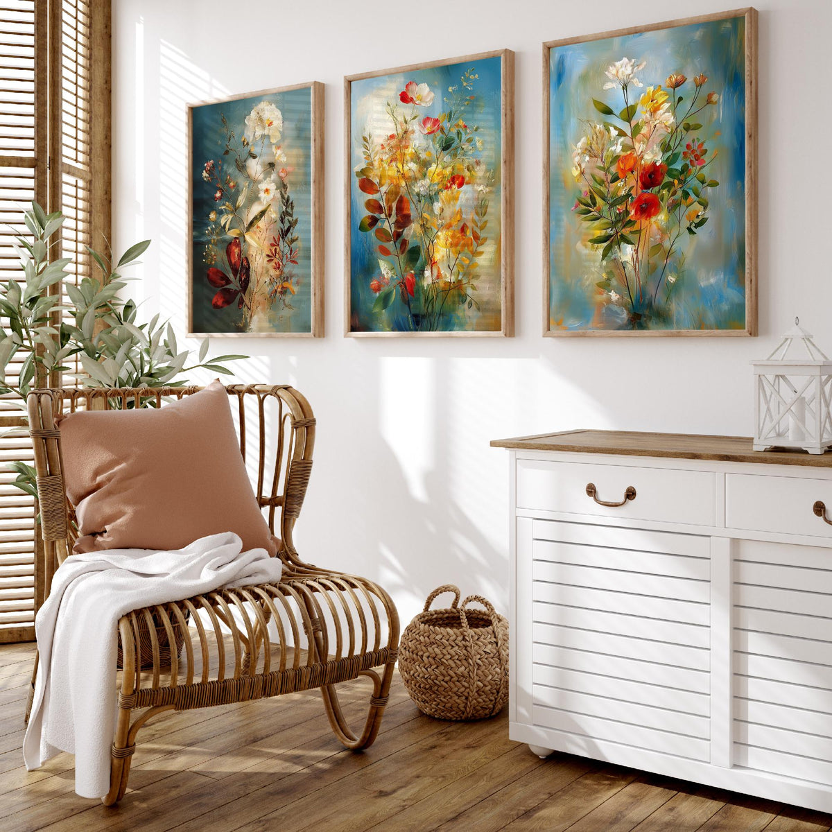 Floral Bouquet Set of Three Art Prints - 3 Wildflower Posters - Dreamy Painterly Botanical Wall Art Gift Painting Blue
