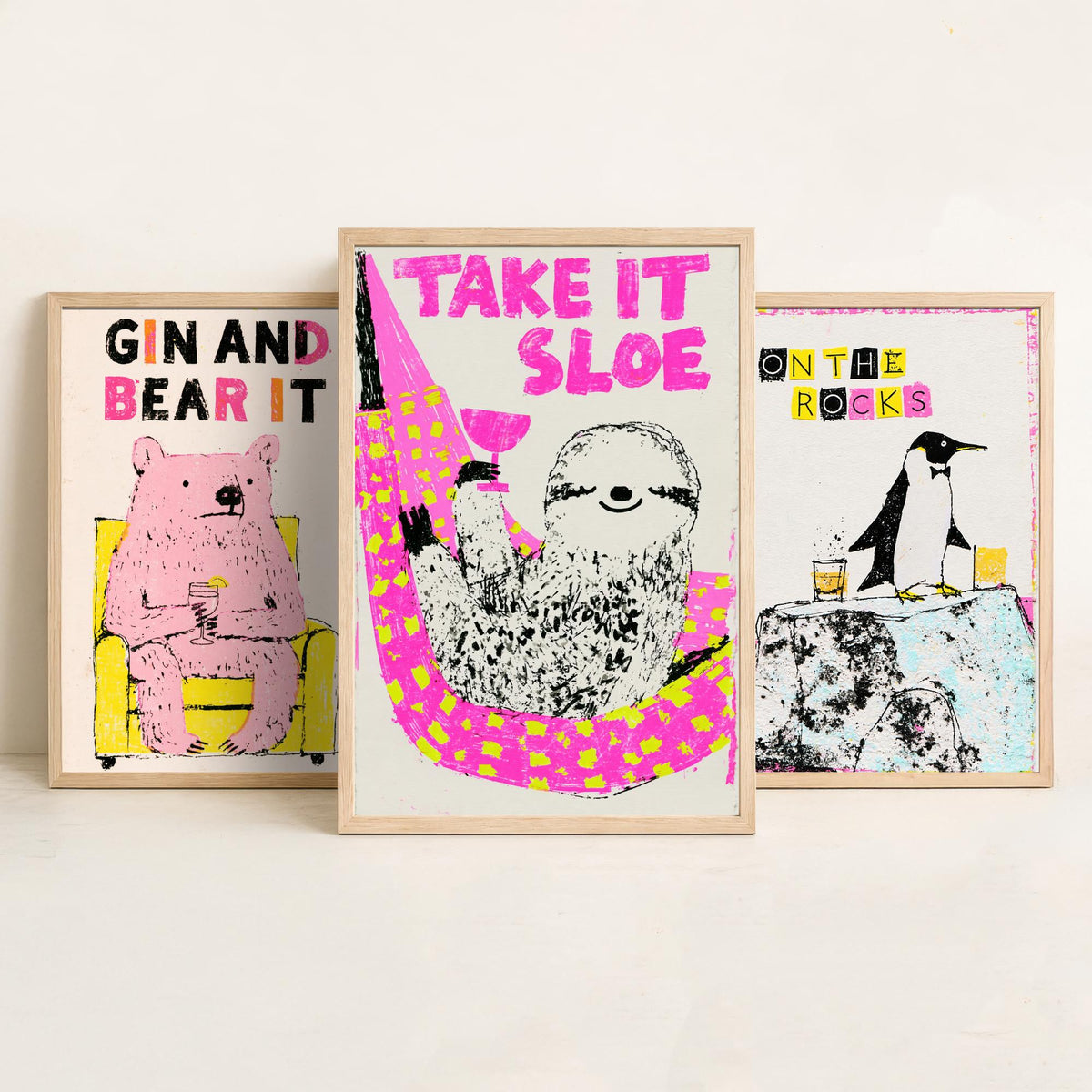 Gin and Bear It, On the Rocks, Take It Sloe - Chilled Drinks Set of Three Art Prints - Pink Bear, Penguin and Sloth Bar Illustration Poster