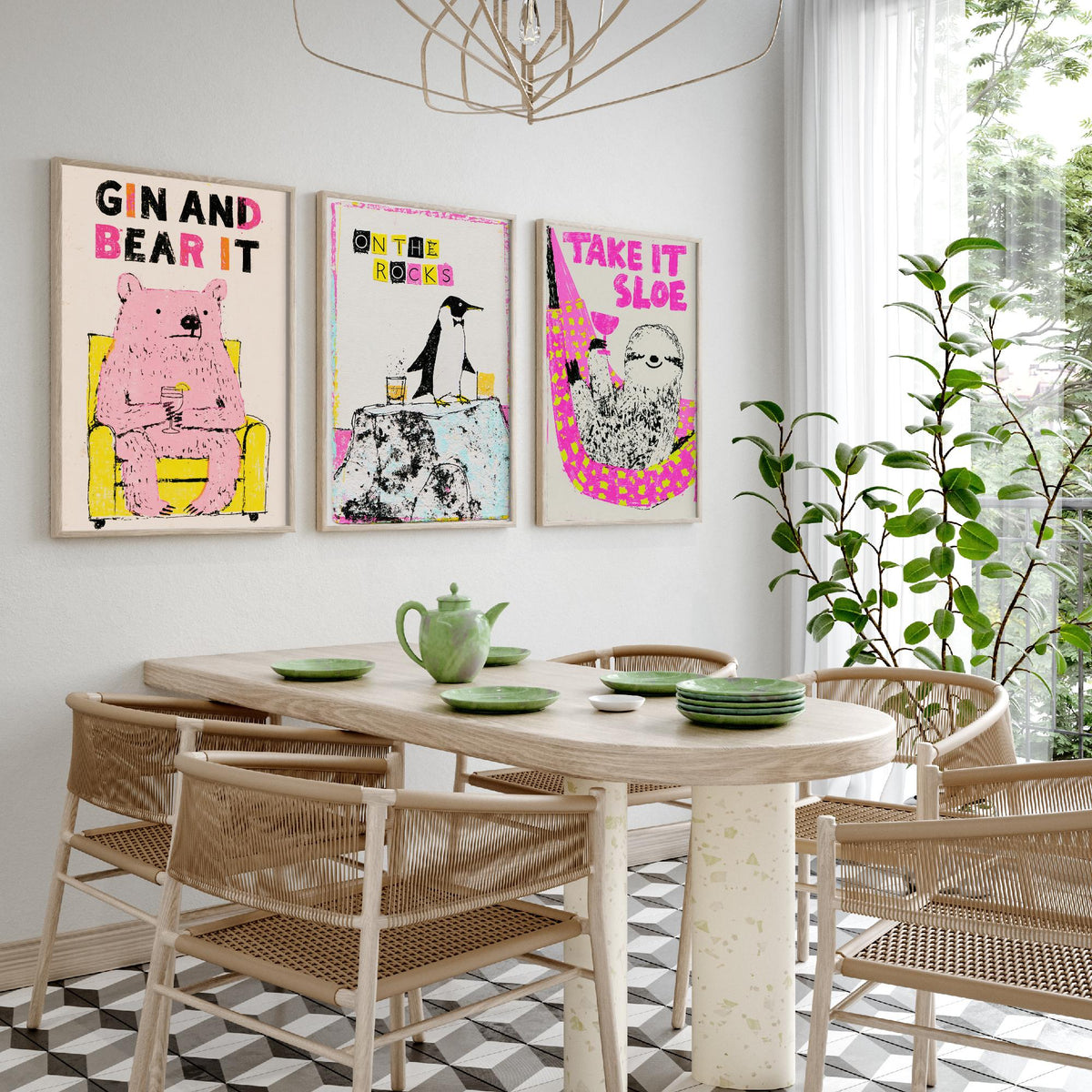 Gin and Bear It, On the Rocks, Take It Sloe - Chilled Drinks Set of Three Art Prints - Pink Bear, Penguin and Sloth Bar Illustration Poster