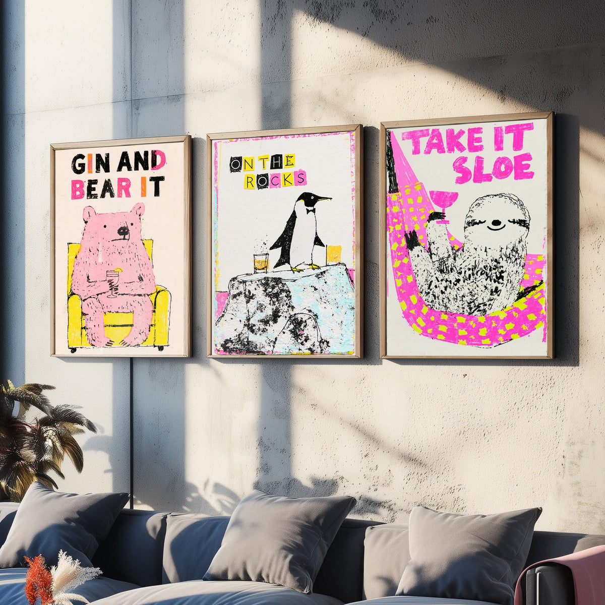Gin and Bear It, On the Rocks, Take It Sloe - Chilled Drinks Set of Three Art Prints - Pink Bear, Penguin and Sloth Bar Illustration Poster