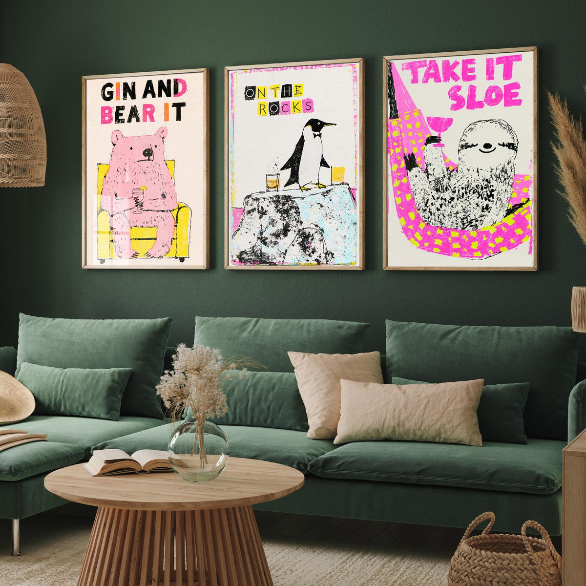 Gin and Bear It, On the Rocks, Take It Sloe - Chilled Drinks Set of Three Art Prints - Pink Bear, Penguin and Sloth Bar Illustration Poster