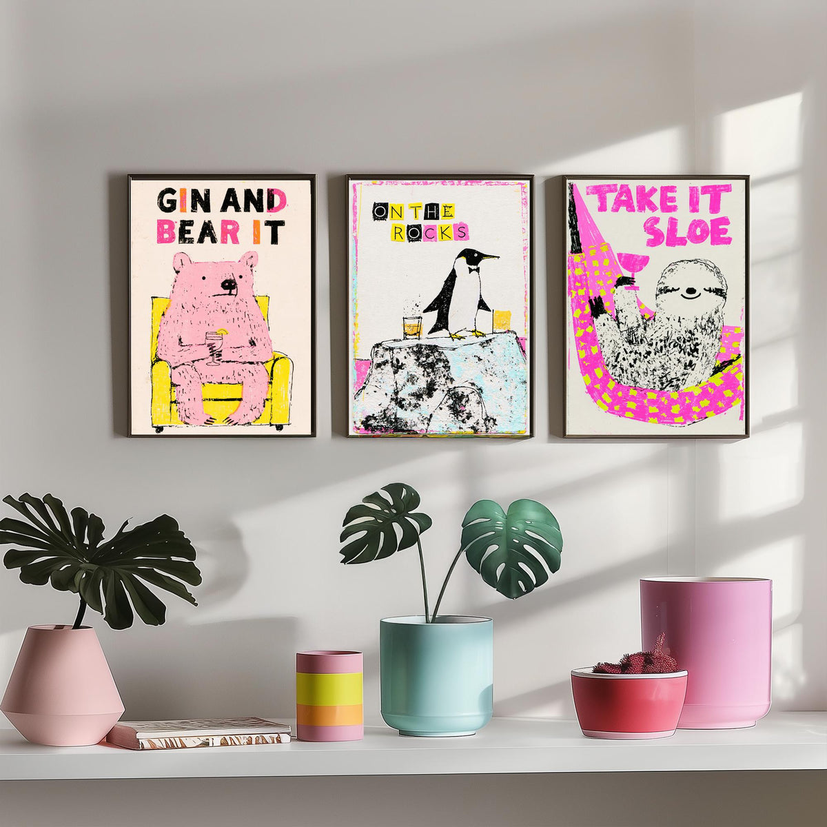 Gin and Bear It, On the Rocks, Take It Sloe - Chilled Drinks Set of Three Art Prints - Pink Bear, Penguin and Sloth Bar Illustration Poster