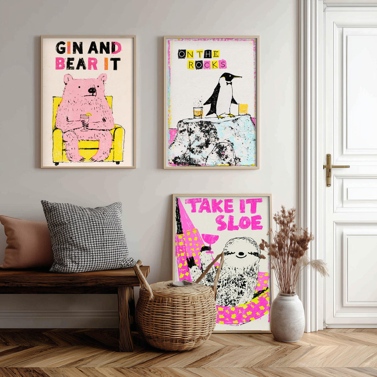 Gin and Bear It, On the Rocks, Take It Sloe - Chilled Drinks Set of Three Art Prints - Pink Bear, Penguin and Sloth Bar Illustration Poster