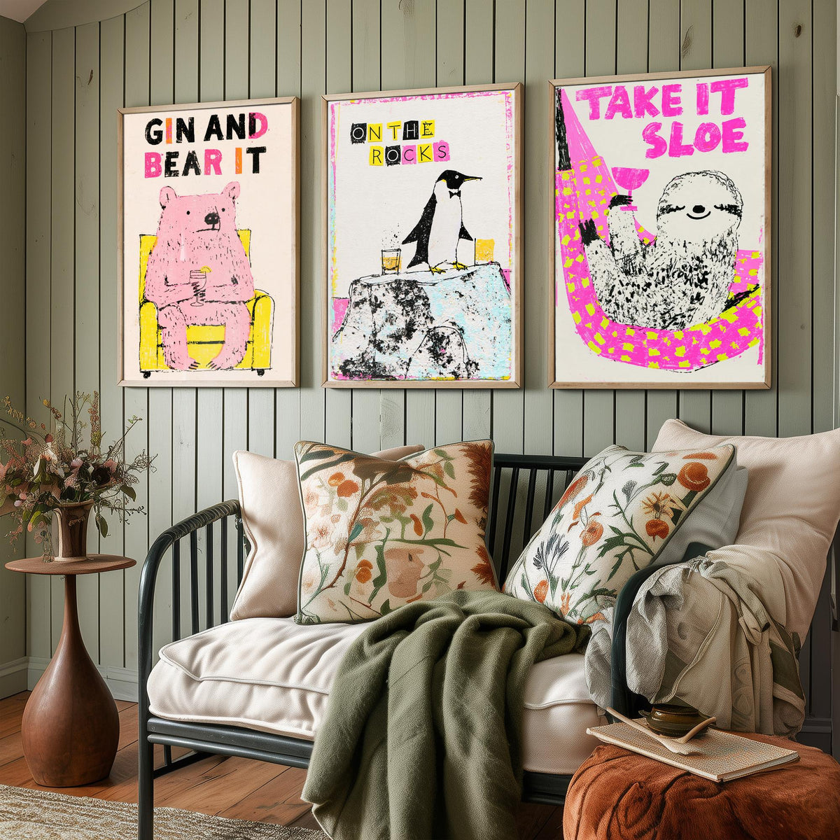 Gin and Bear It, On the Rocks, Take It Sloe - Chilled Drinks Set of Three Art Prints - Pink Bear, Penguin and Sloth Bar Illustration Poster