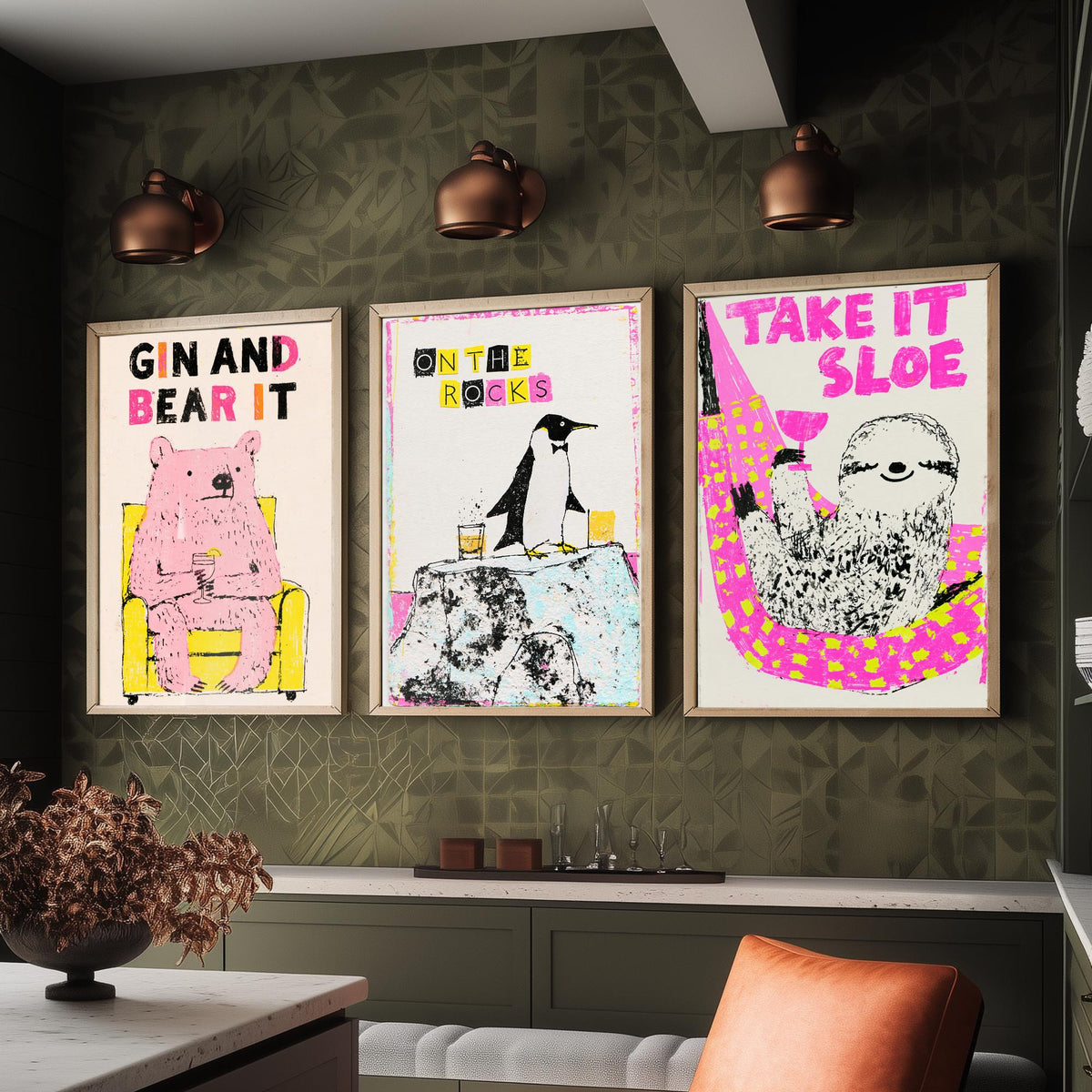 Gin and Bear It, On the Rocks, Take It Sloe - Chilled Drinks Set of Three Art Prints - Pink Bear, Penguin and Sloth Bar Illustration Poster