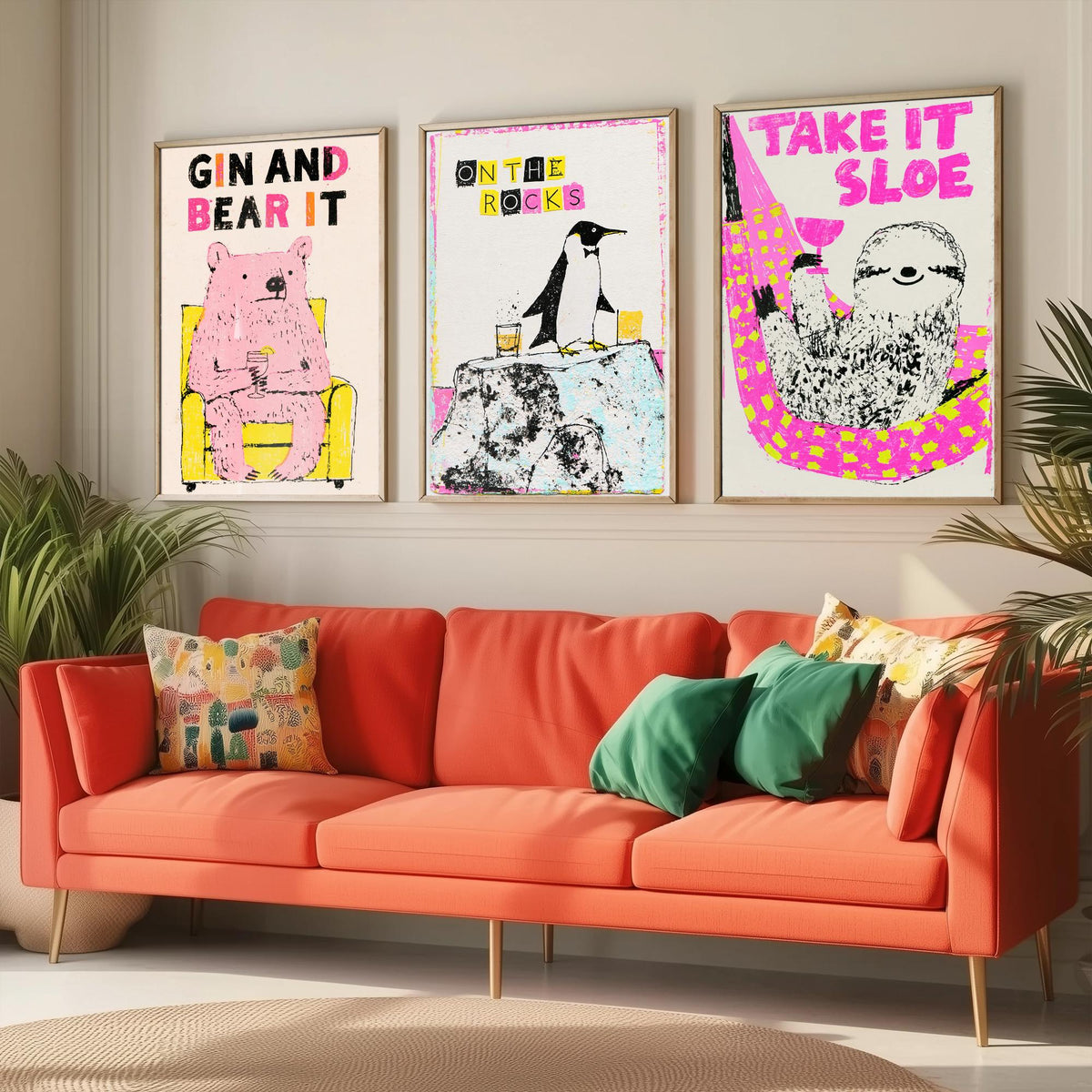 Gin and Bear It, On the Rocks, Take It Sloe - Chilled Drinks Set of Three Art Prints - Pink Bear, Penguin and Sloth Bar Illustration Poster