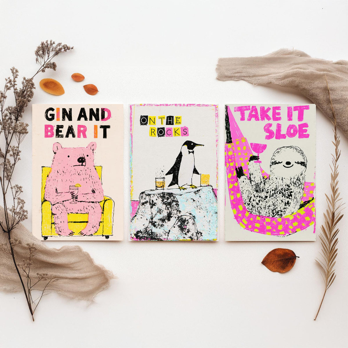 Gin and Bear It, On the Rocks, Take It Sloe - Chilled Drinks Set of Three Art Prints - Pink Bear, Penguin and Sloth Bar Illustration Poster
