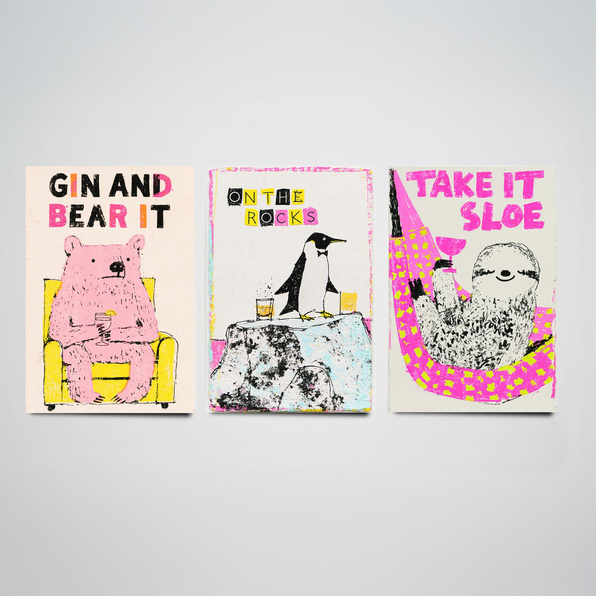 Gin and Bear It, On the Rocks, Take It Sloe - Chilled Drinks Set of Three Art Prints - Pink Bear, Penguin and Sloth Bar Illustration Poster