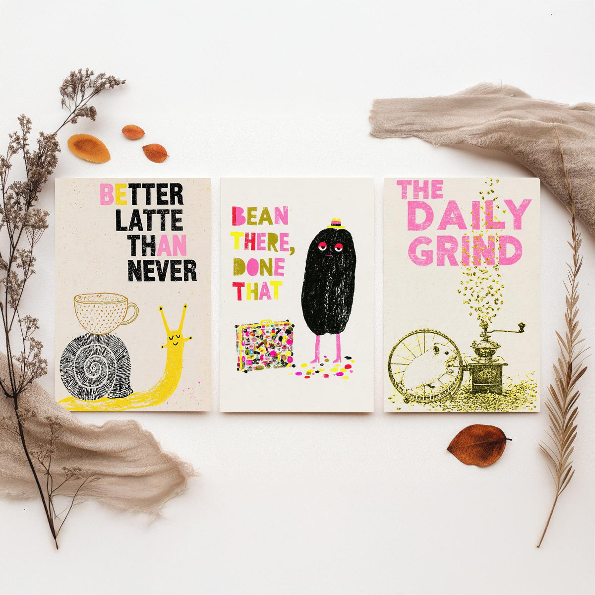 Better Latte Than Never - Bean There, Done That - The Daily Grind - Coffee Set of Three Art Prints - Snail and Hamster Illustration Poster