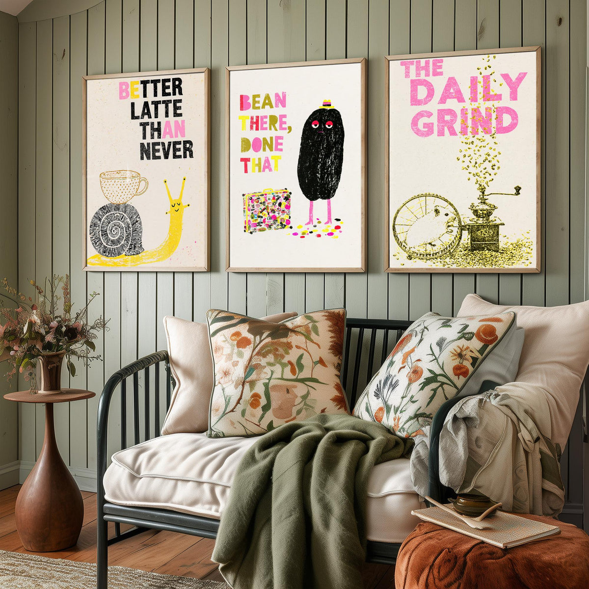 Better Latte Than Never - Bean There, Done That - The Daily Grind - Coffee Set of Three Art Prints - Snail and Hamster Illustration Poster