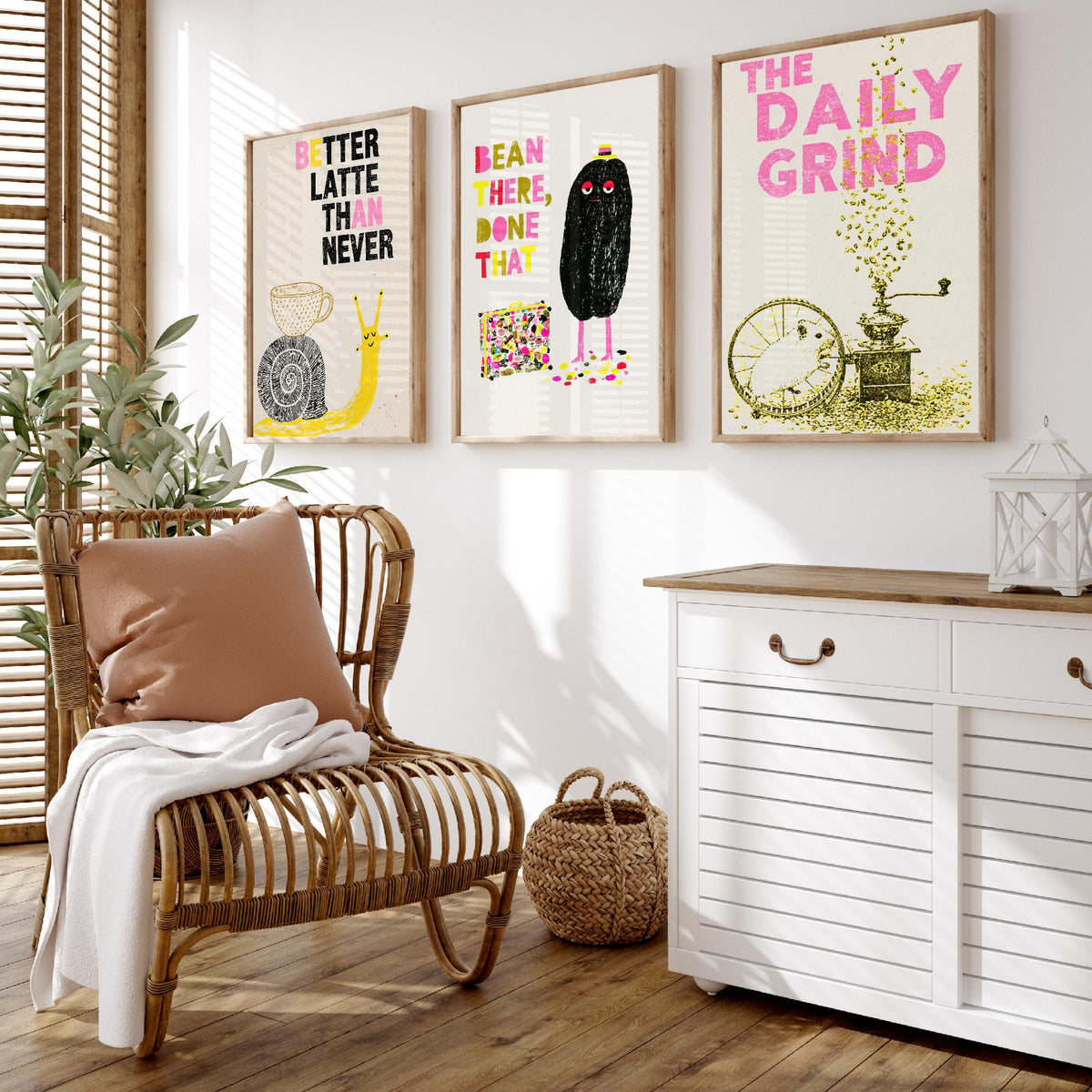 Better Latte Than Never - Bean There, Done That - The Daily Grind - Coffee Set of Three Art Prints - Snail and Hamster Illustration Poster
