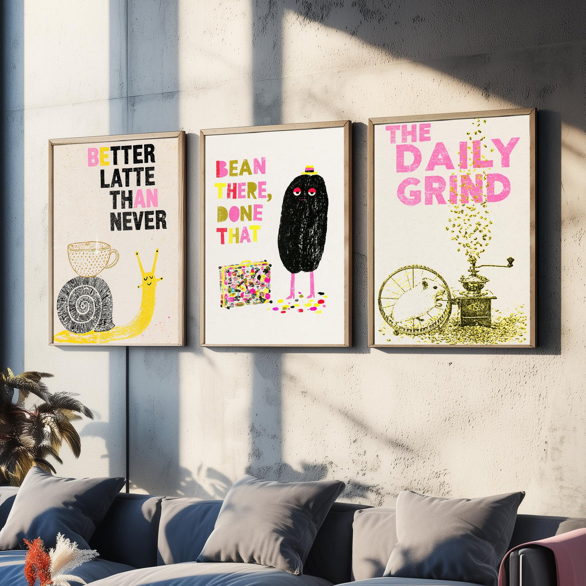 Better Latte Than Never - Bean There, Done That - The Daily Grind - Coffee Set of Three Art Prints - Snail and Hamster Illustration Poster
