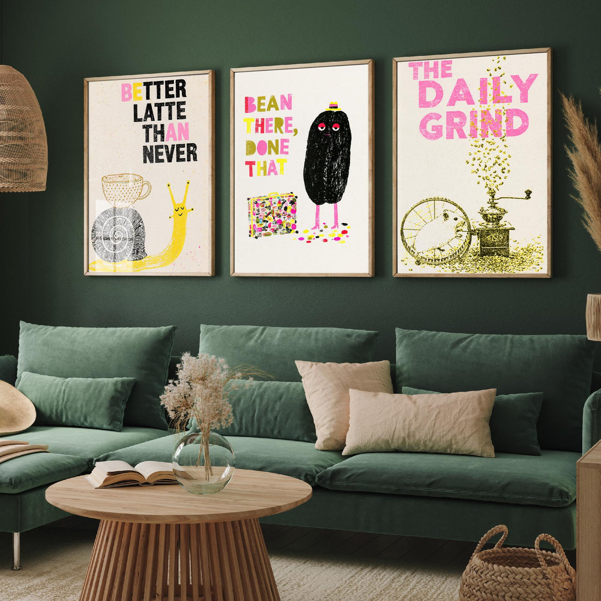 Better Latte Than Never - Bean There, Done That - The Daily Grind - Coffee Set of Three Art Prints - Snail and Hamster Illustration Poster