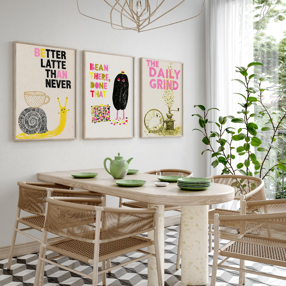 Better Latte Than Never - Bean There, Done That - The Daily Grind - Coffee Set of Three Art Prints - Snail and Hamster Illustration Poster