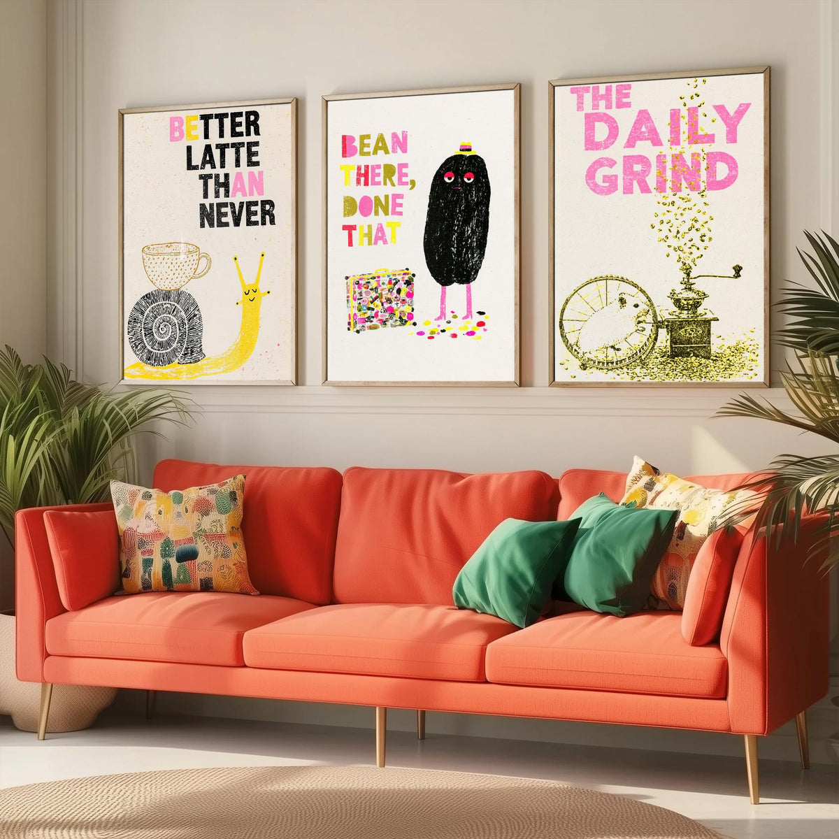 Better Latte Than Never - Bean There, Done That - The Daily Grind - Coffee Set of Three Art Prints - Snail and Hamster Illustration Poster