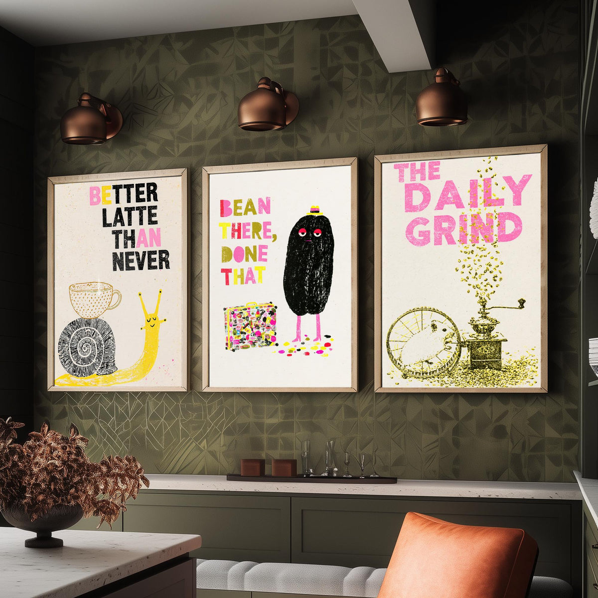 Better Latte Than Never - Bean There, Done That - The Daily Grind - Coffee Set of Three Art Prints - Snail and Hamster Illustration Poster