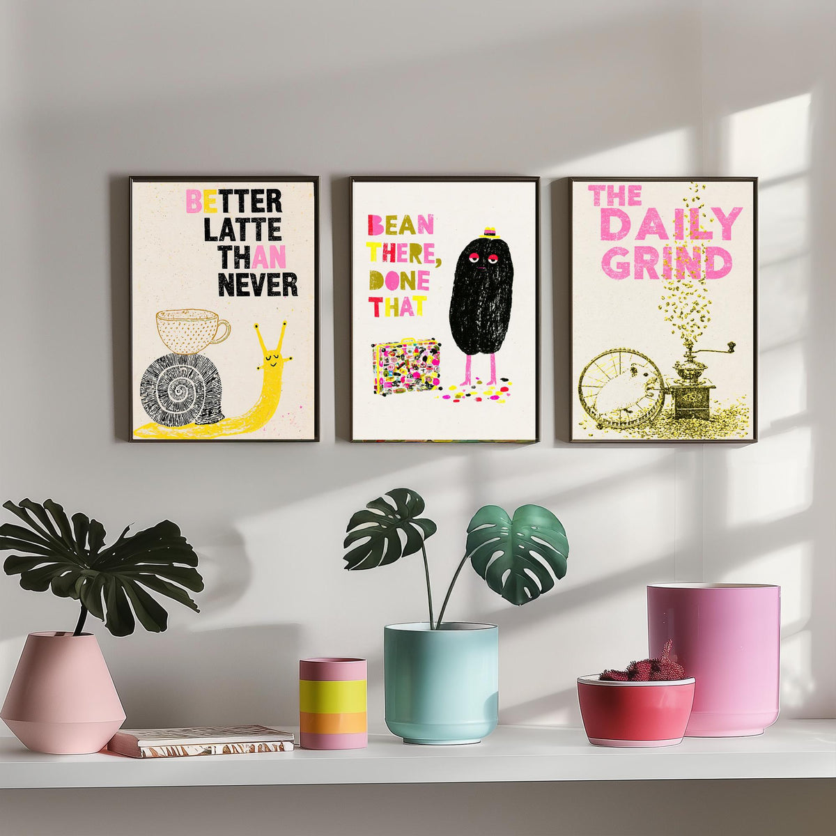 Better Latte Than Never - Bean There, Done That - The Daily Grind - Coffee Set of Three Art Prints - Snail and Hamster Illustration Poster