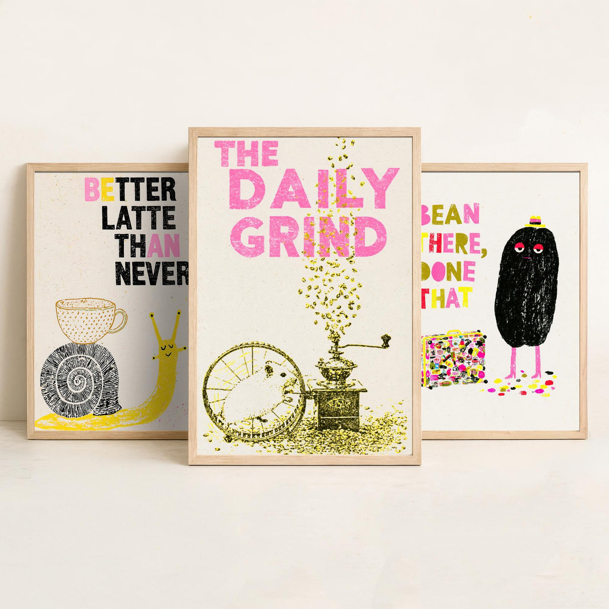 Better Latte Than Never - Bean There, Done That - The Daily Grind - Coffee Set of Three Art Prints - Snail and Hamster Illustration Poster