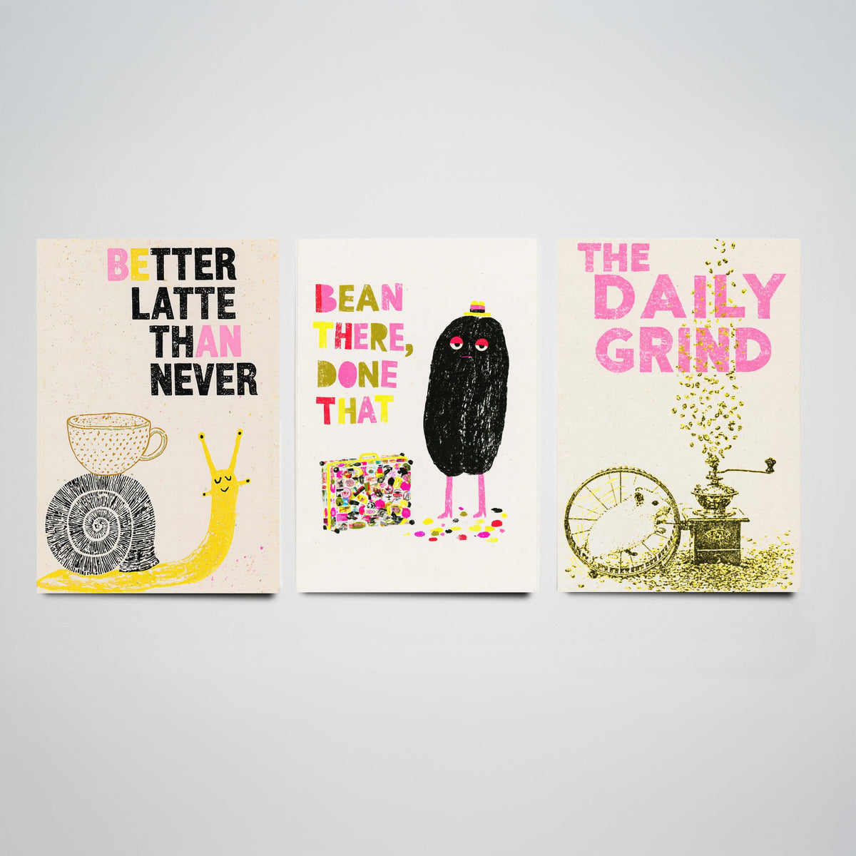Better Latte Than Never - Bean There, Done That - The Daily Grind - Coffee Set of Three Art Prints - Snail and Hamster Illustration Poster