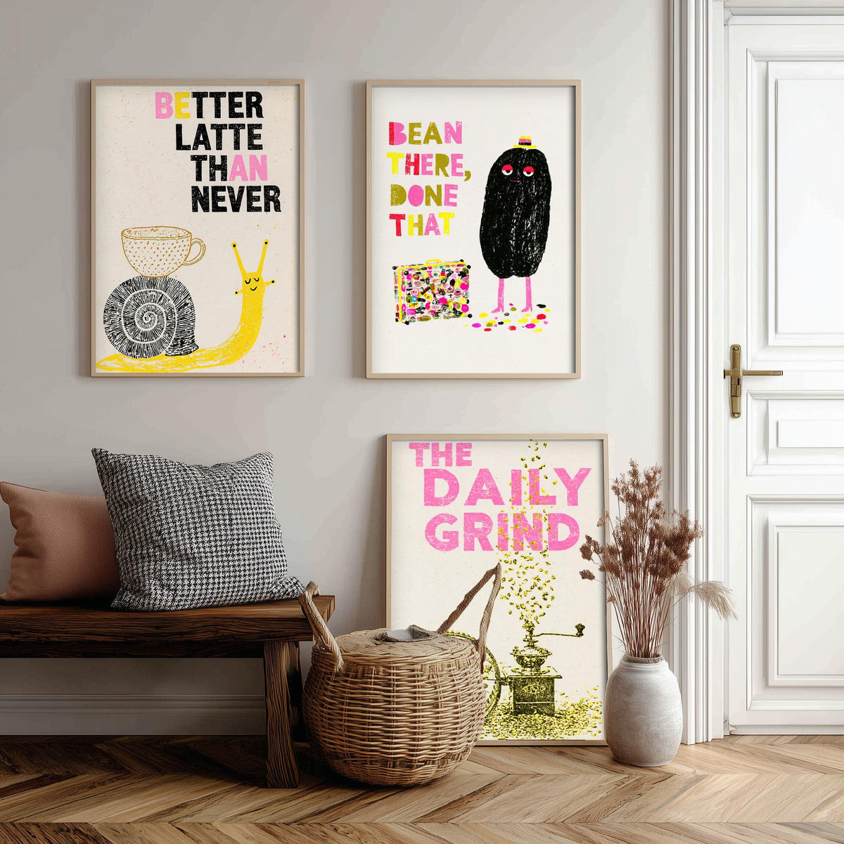Better Latte Than Never - Bean There, Done That - The Daily Grind - Coffee Set of Three Art Prints - Snail and Hamster Illustration Poster