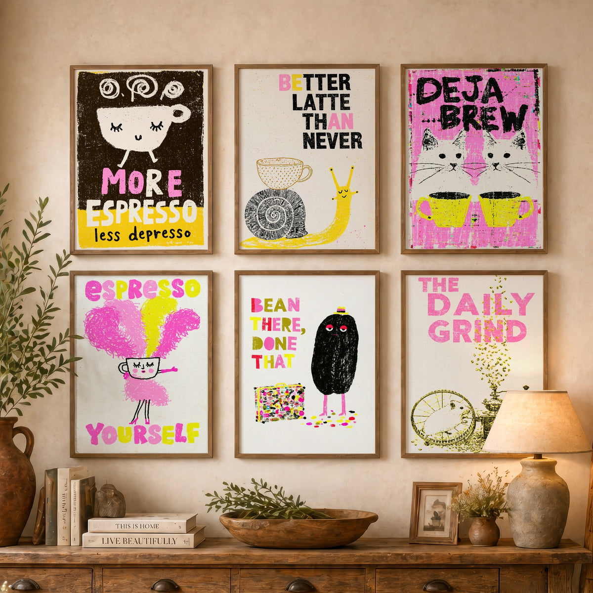 Set of Six Coffee Pun Art Prints - 6 Funny Coffee Posters - Espresso Yourself, Deja Brew, Better Latte Than Never, Daily Grind Illustration