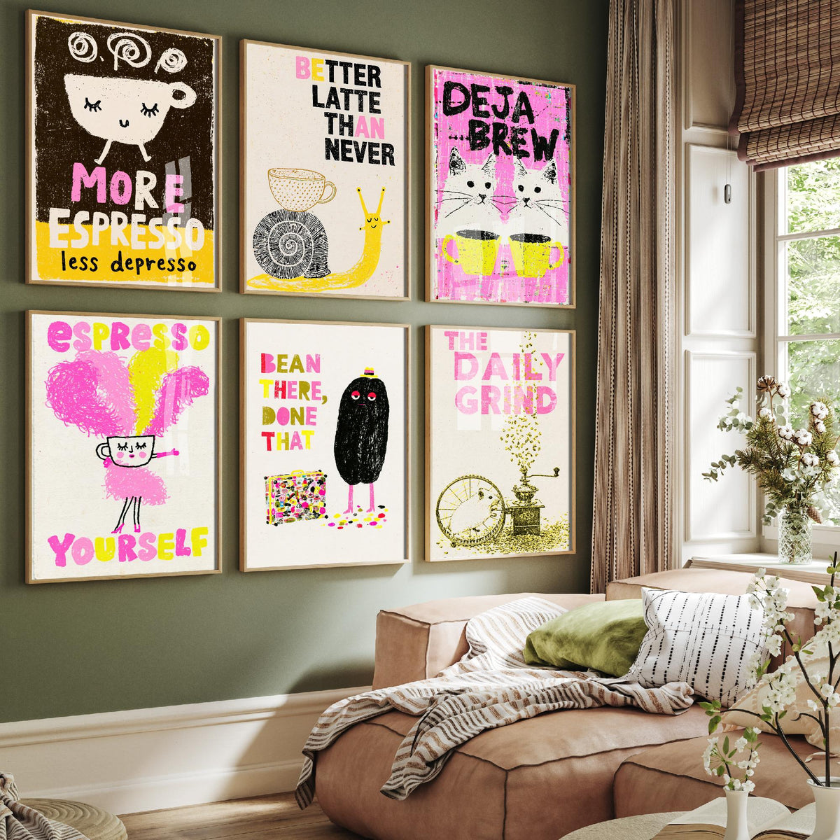 Set of Six Coffee Pun Art Prints - 6 Funny Coffee Posters - Espresso Yourself, Deja Brew, Better Latte Than Never, Daily Grind Illustration