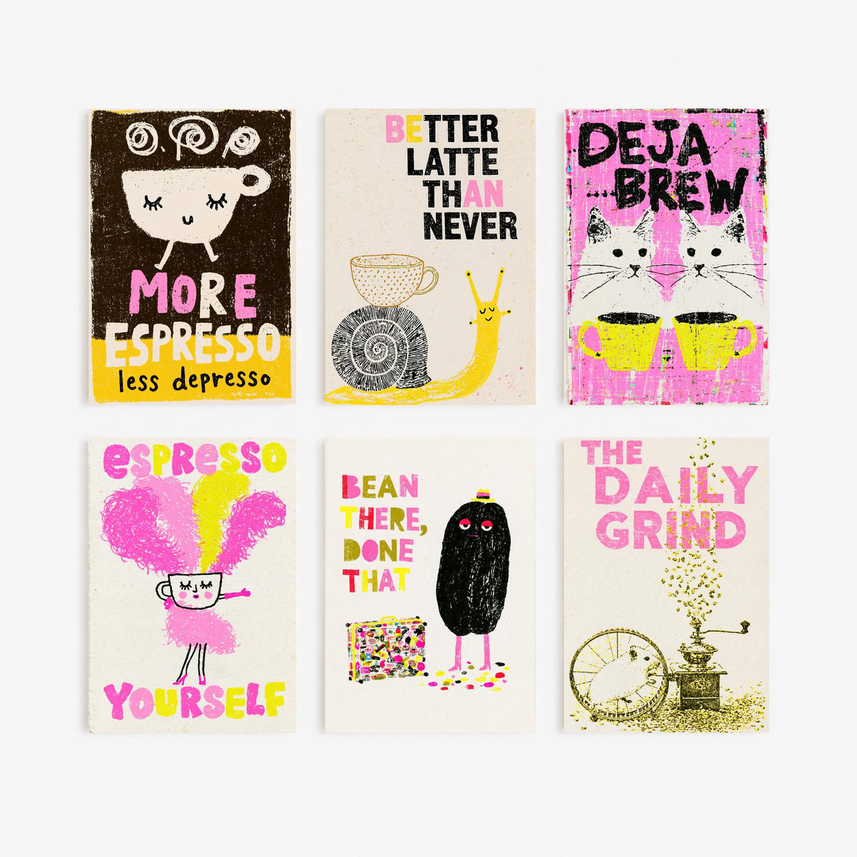 Set of Six Coffee Pun Art Prints - 6 Funny Coffee Posters - Espresso Yourself, Deja Brew, Better Latte Than Never, Daily Grind Illustration