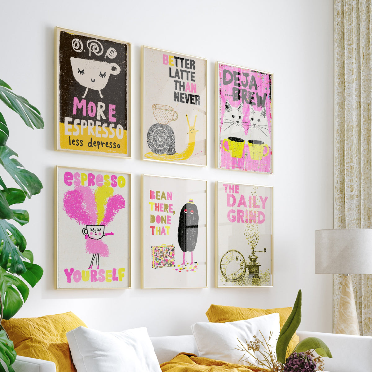 Set of Six Coffee Pun Art Prints - 6 Funny Coffee Posters - Espresso Yourself, Deja Brew, Better Latte Than Never, Daily Grind Illustration
