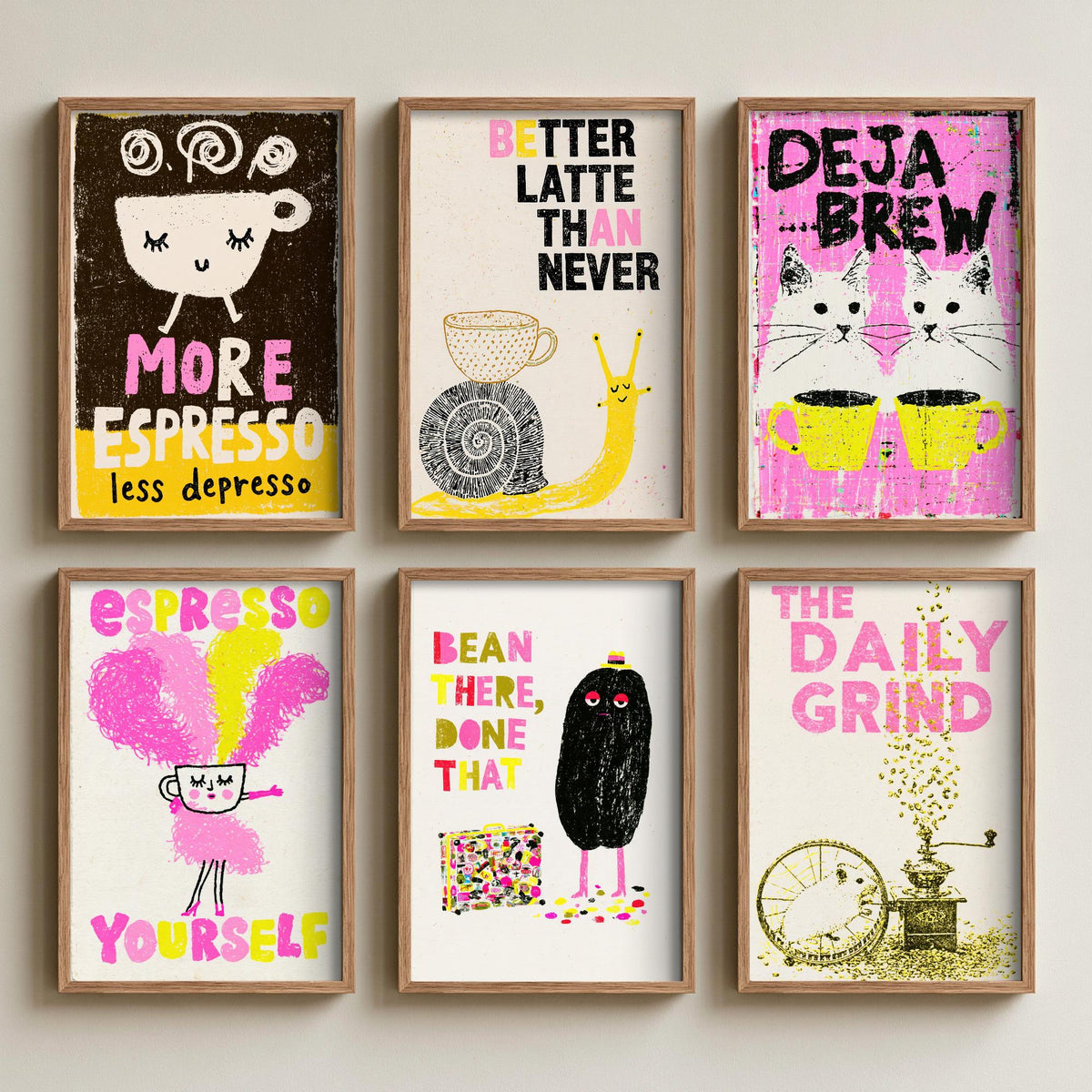 Set of Six Coffee Pun Art Prints - 6 Funny Coffee Posters - Espresso Yourself, Deja Brew, Better Latte Than Never, Daily Grind Illustration