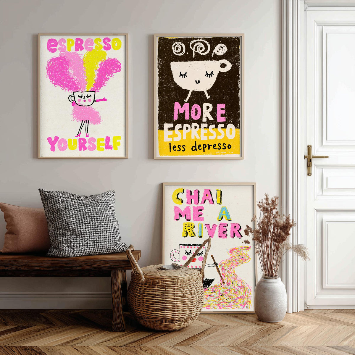 Espresso Yourself, More Espresso Less Depresso and Chai Me a River - Happy Cups Set of Three Art Prints - Coffee and Tea Illustration Poster