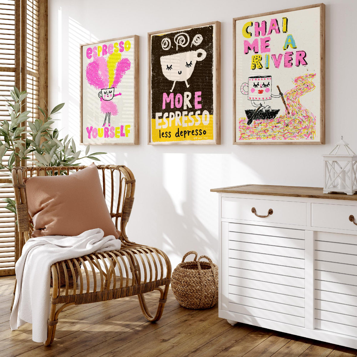 Espresso Yourself, More Espresso Less Depresso and Chai Me a River - Happy Cups Set of Three Art Prints - Coffee and Tea Illustration Poster
