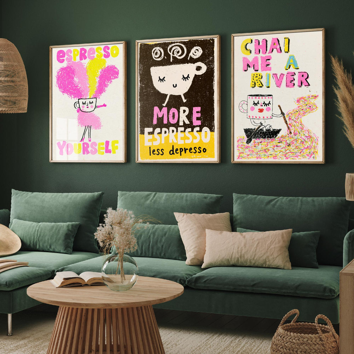 Espresso Yourself, More Espresso Less Depresso and Chai Me a River - Happy Cups Set of Three Art Prints - Coffee and Tea Illustration Poster