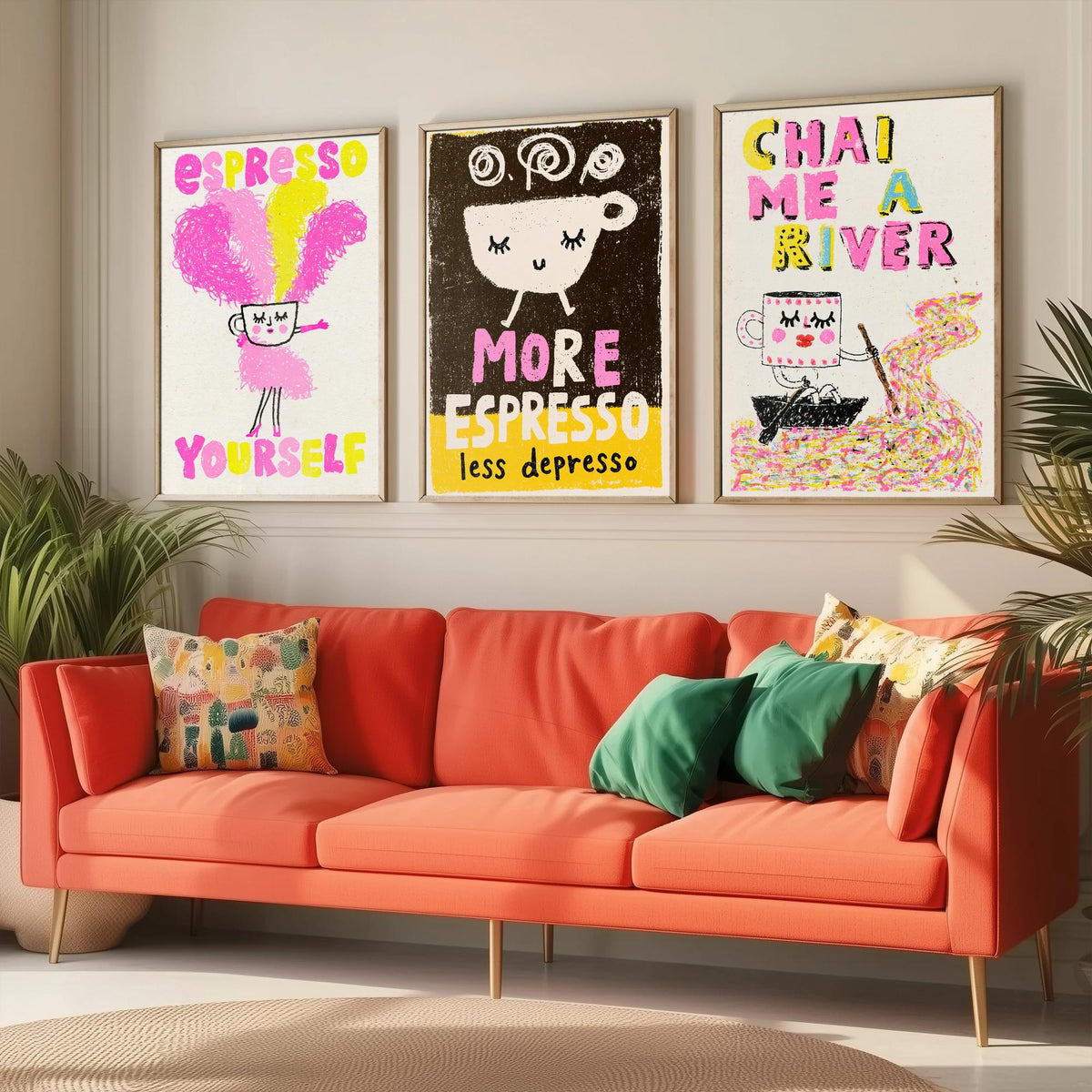 Espresso Yourself, More Espresso Less Depresso and Chai Me a River - Happy Cups Set of Three Art Prints - Coffee and Tea Illustration Poster