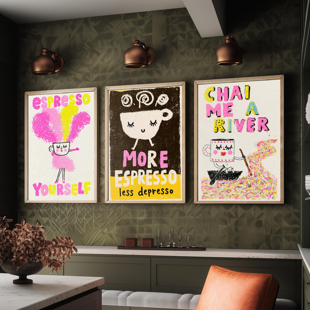 Espresso Yourself, More Espresso Less Depresso and Chai Me a River - Happy Cups Set of Three Art Prints - Coffee and Tea Illustration Poster