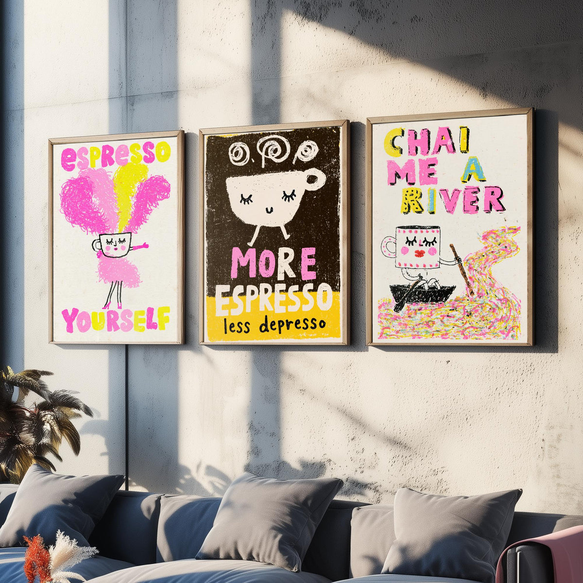 Espresso Yourself, More Espresso Less Depresso and Chai Me a River - Happy Cups Set of Three Art Prints - Coffee and Tea Illustration Poster