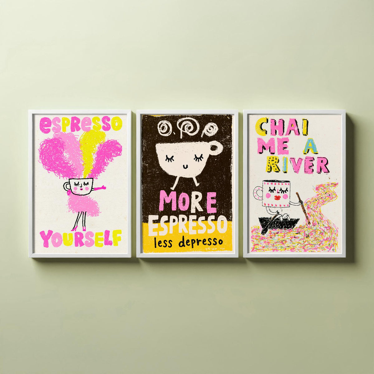 Espresso Yourself, More Espresso Less Depresso and Chai Me a River - Happy Cups Set of Three Art Prints - Coffee and Tea Illustration Poster