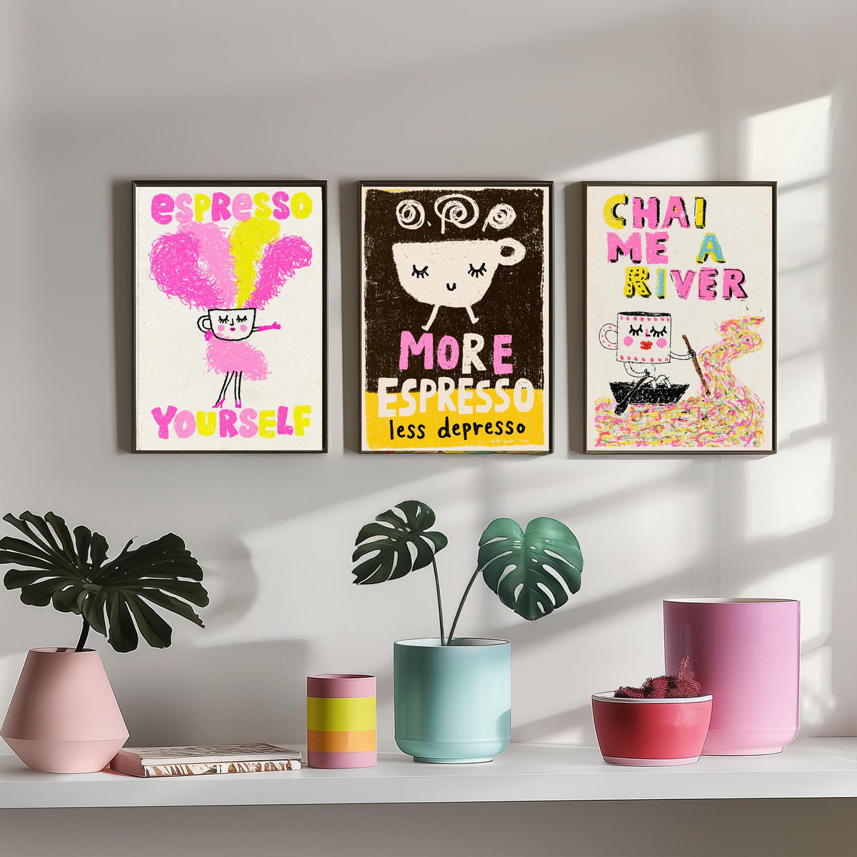 Espresso Yourself, More Espresso Less Depresso and Chai Me a River - Happy Cups Set of Three Art Prints - Coffee and Tea Illustration Poster