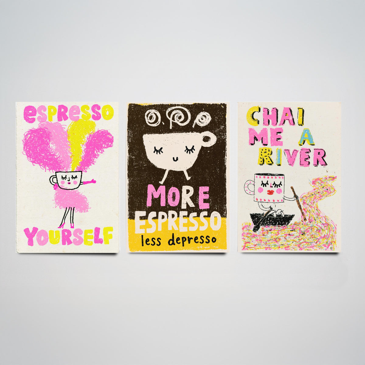 Espresso Yourself, More Espresso Less Depresso and Chai Me a River - Happy Cups Set of Three Art Prints - Coffee and Tea Illustration Poster