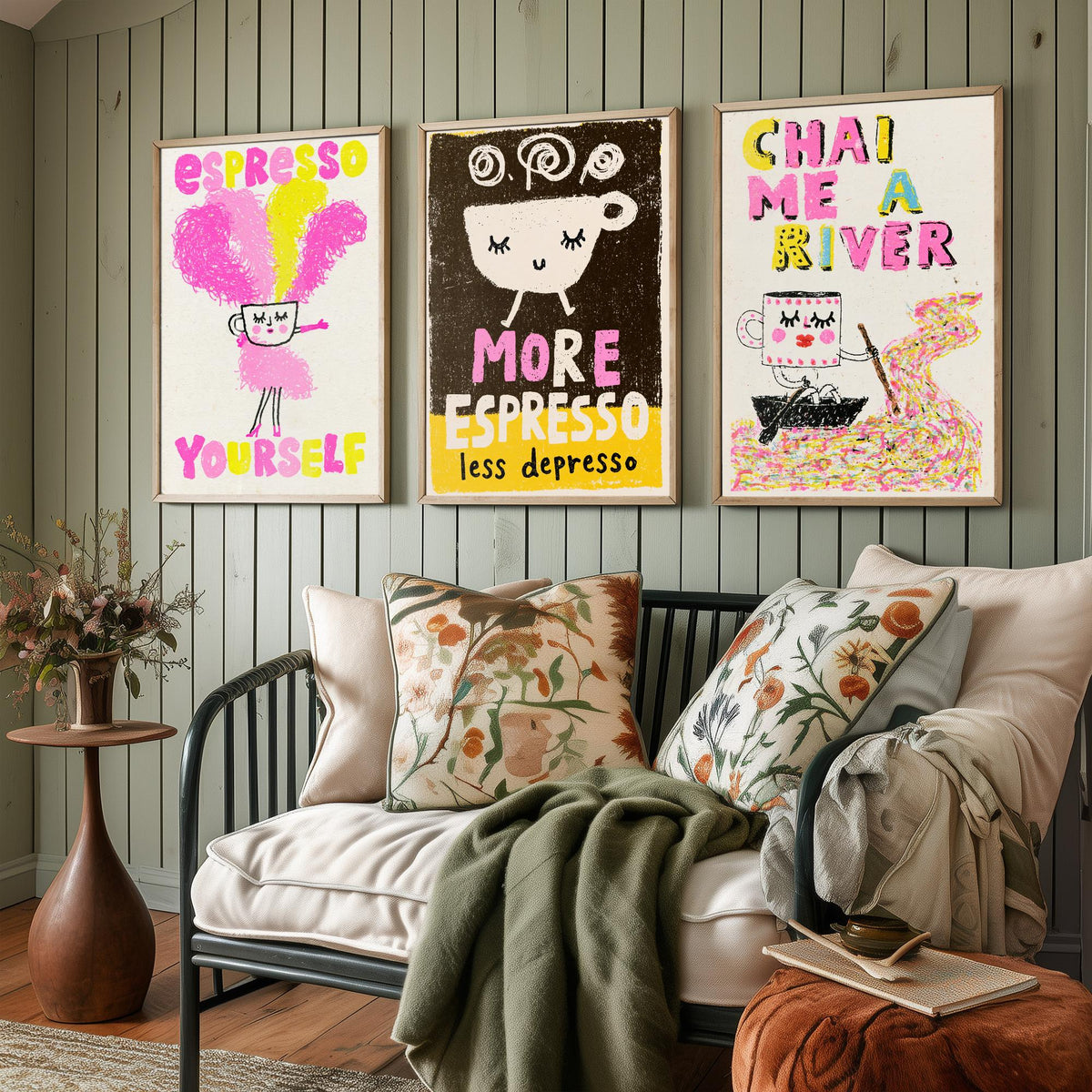 Espresso Yourself, More Espresso Less Depresso and Chai Me a River - Happy Cups Set of Three Art Prints - Coffee and Tea Illustration Poster