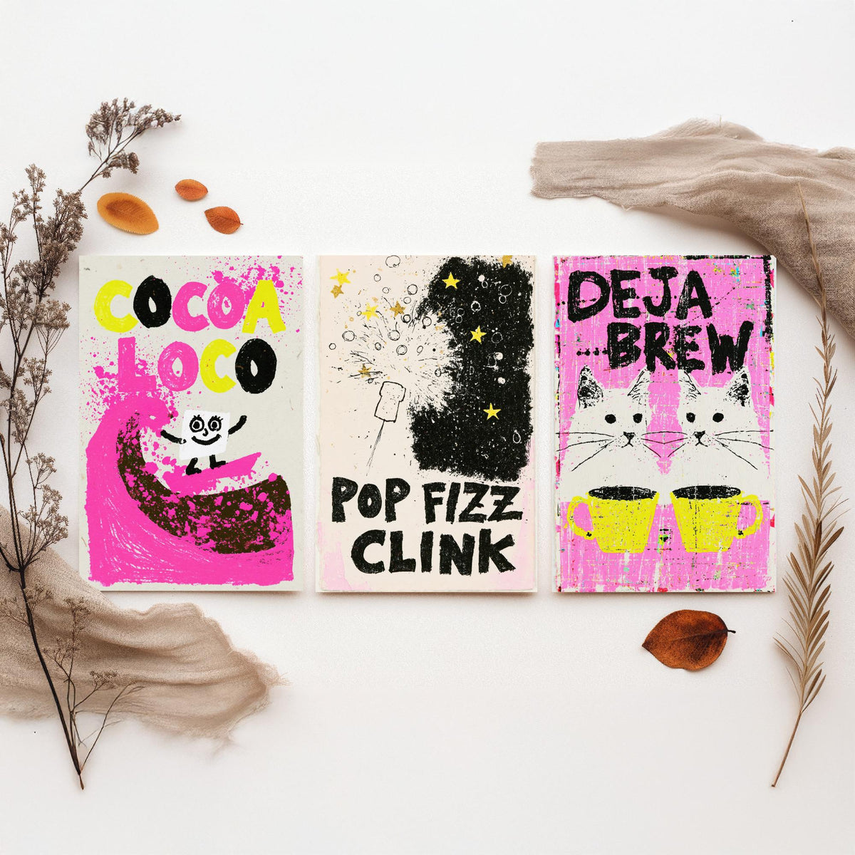 Cocoa Loco, Pop Fizz Clink and Deja Brew - Hot Pink Drinks Set of Three Art Prints - Hot Chocolate, Bubbly and Twin Cats Illustration Poster