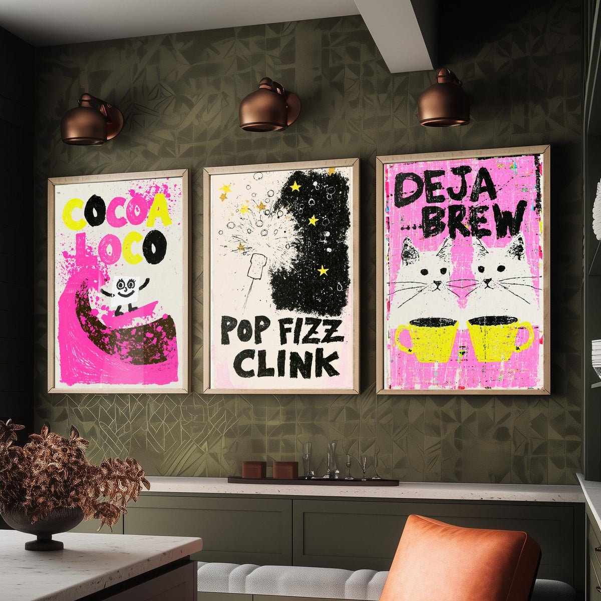 Cocoa Loco, Pop Fizz Clink and Deja Brew - Hot Pink Drinks Set of Three Art Prints - Hot Chocolate, Bubbly and Twin Cats Illustration Poster