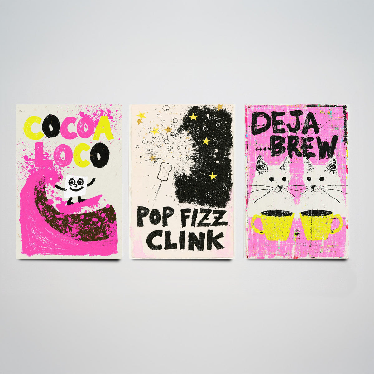 Cocoa Loco, Pop Fizz Clink and Deja Brew - Hot Pink Drinks Set of Three Art Prints - Hot Chocolate, Bubbly and Twin Cats Illustration Poster