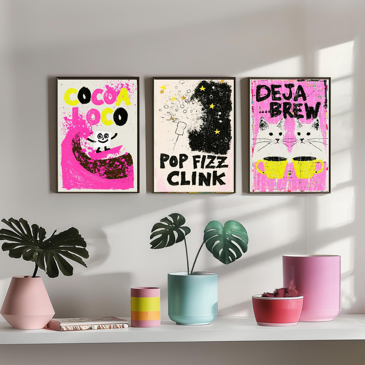 Cocoa Loco, Pop Fizz Clink and Deja Brew - Hot Pink Drinks Set of Three Art Prints - Hot Chocolate, Bubbly and Twin Cats Illustration Poster