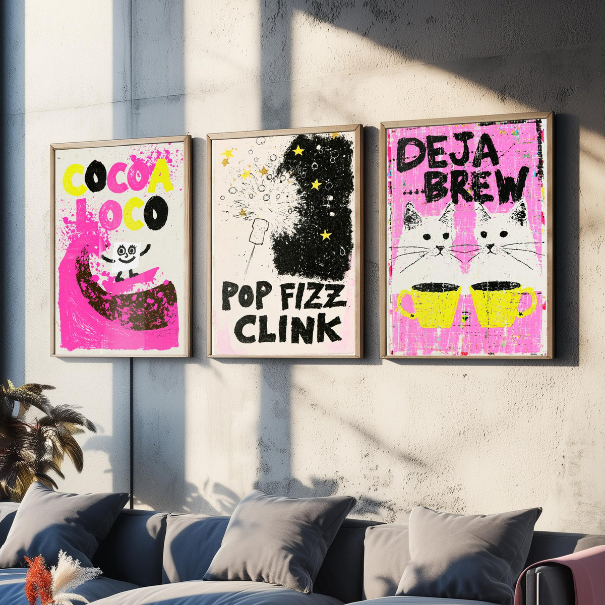 Cocoa Loco, Pop Fizz Clink and Deja Brew - Hot Pink Drinks Set of Three Art Prints - Hot Chocolate, Bubbly and Twin Cats Illustration Poster
