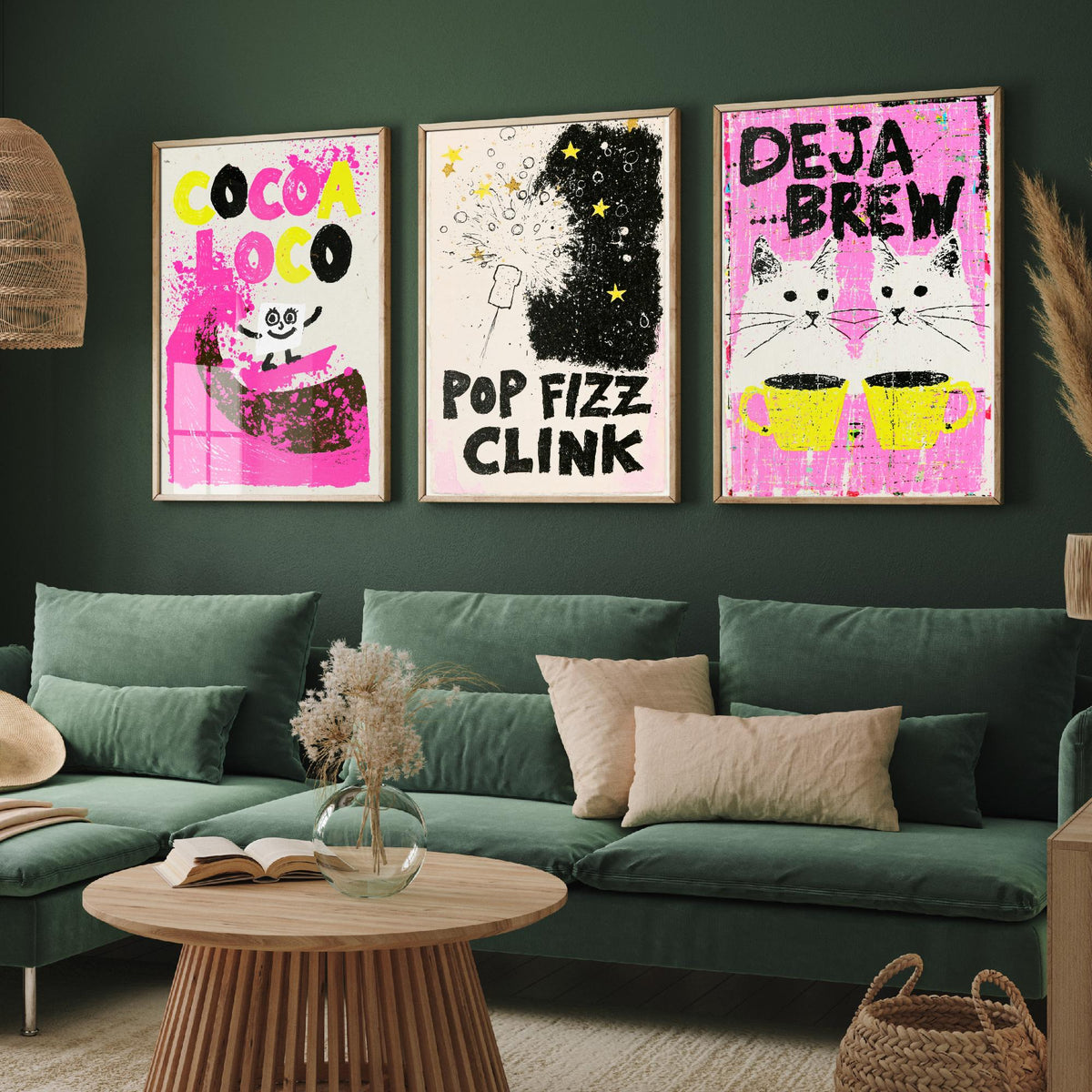 Cocoa Loco, Pop Fizz Clink and Deja Brew - Hot Pink Drinks Set of Three Art Prints - Hot Chocolate, Bubbly and Twin Cats Illustration Poster