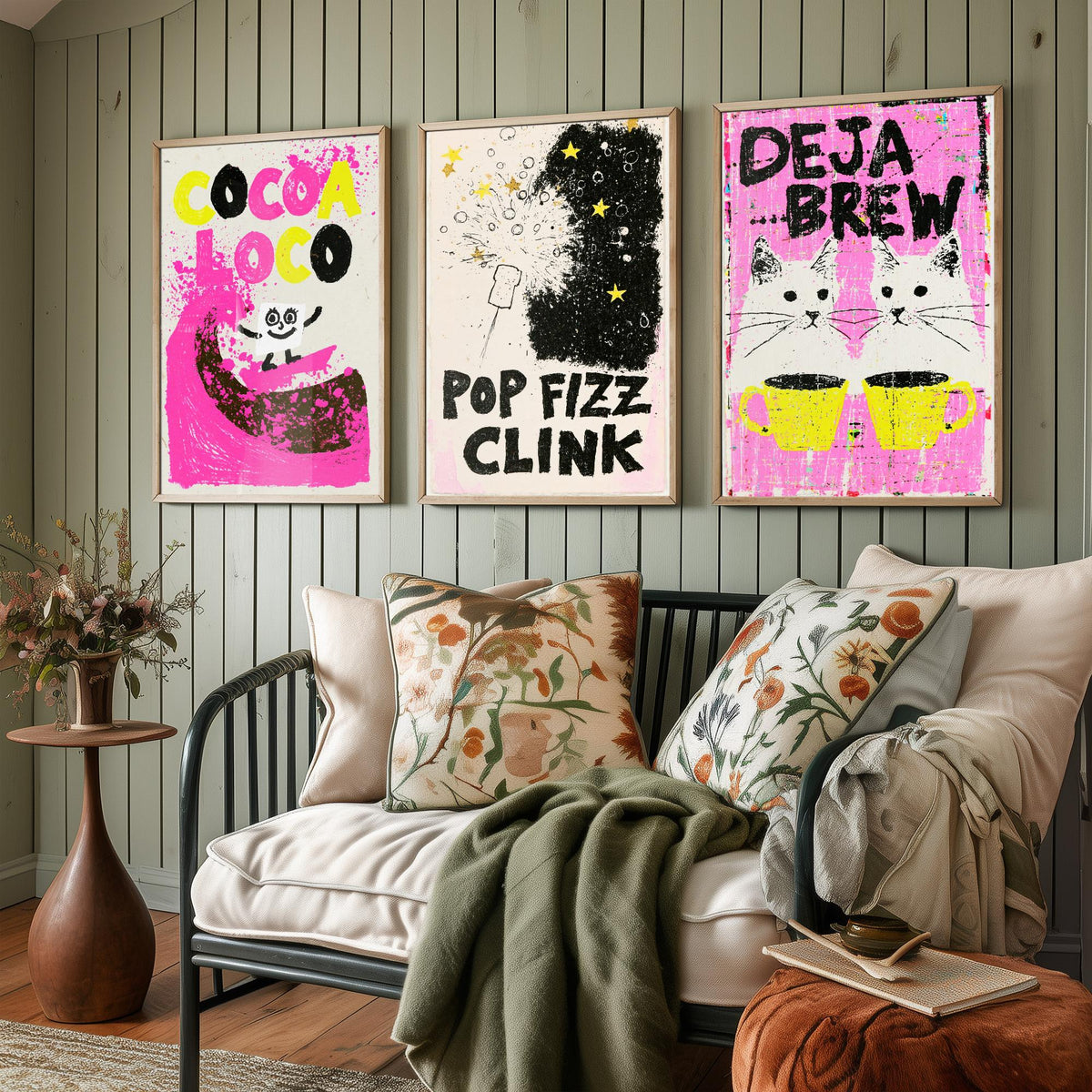 Cocoa Loco, Pop Fizz Clink and Deja Brew - Hot Pink Drinks Set of Three Art Prints - Hot Chocolate, Bubbly and Twin Cats Illustration Poster