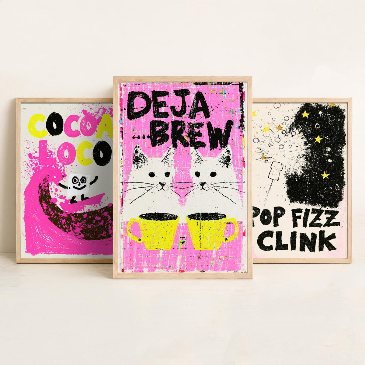 Cocoa Loco, Pop Fizz Clink and Deja Brew - Hot Pink Drinks Set of Three Art Prints - Hot Chocolate, Bubbly and Twin Cats Illustration Poster