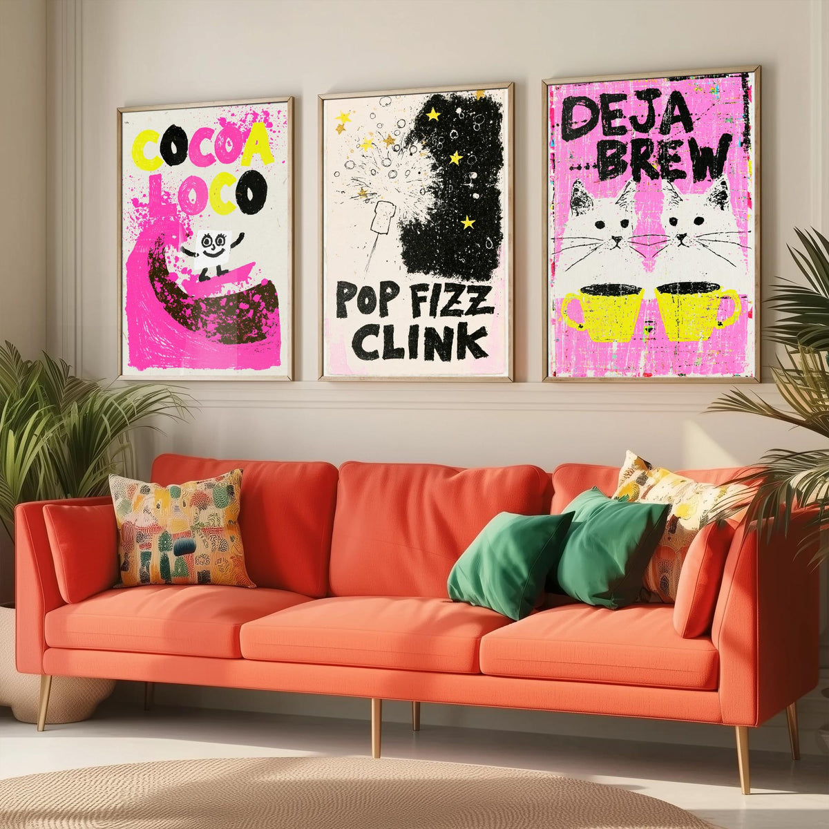Cocoa Loco, Pop Fizz Clink and Deja Brew - Hot Pink Drinks Set of Three Art Prints - Hot Chocolate, Bubbly and Twin Cats Illustration Poster